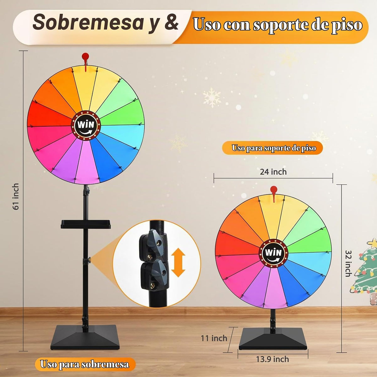 Rueda de premio de 24 pulgadas, altura ajustable para escritorio y suelo, rueda giratoria de premio, rueda giratoria de premio almacenable, adecuada para fiestas, carnavales y ferias (32-61