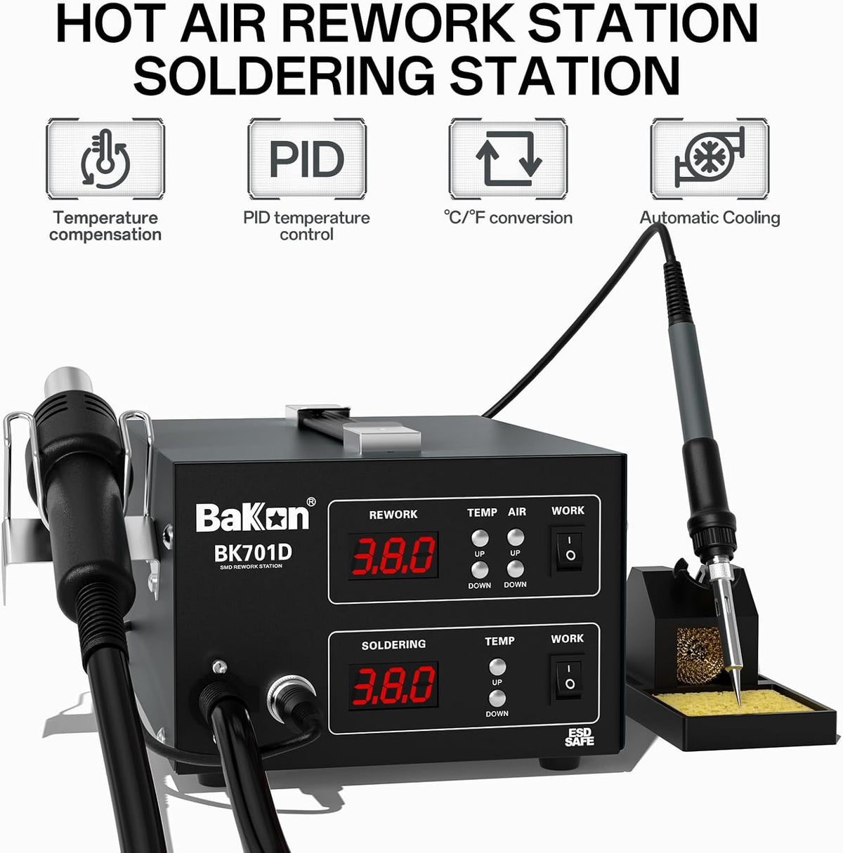 BK701D Estación de soldadura de 700 W, estación de soldadura y retrabajo de aire caliente 2 en 1, estación de soldadura segura SMD ESD, kit de soldadura electrónica para reparación de computadoras portátiles o soldadura de placa de circuito