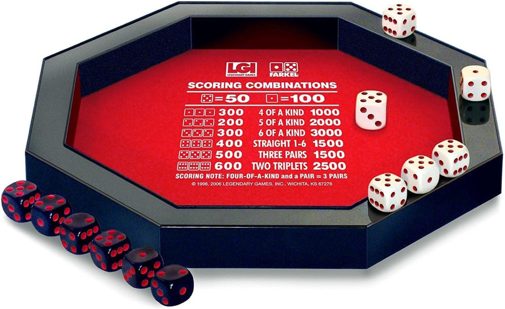 Farkel Juego con bandeja rodante de dados de lujo, canal integrado de recolección de dados, 2 juegos de dados, marcador de 40 hojas, juego familiar clásico