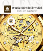 Reloj mecánico automático para hombre OLEVS Gold Skeleton, autoviento, de lujo para vestir, brillante con diamantes, acero inoxidable, resistente al agua, luminoso, de pulsera