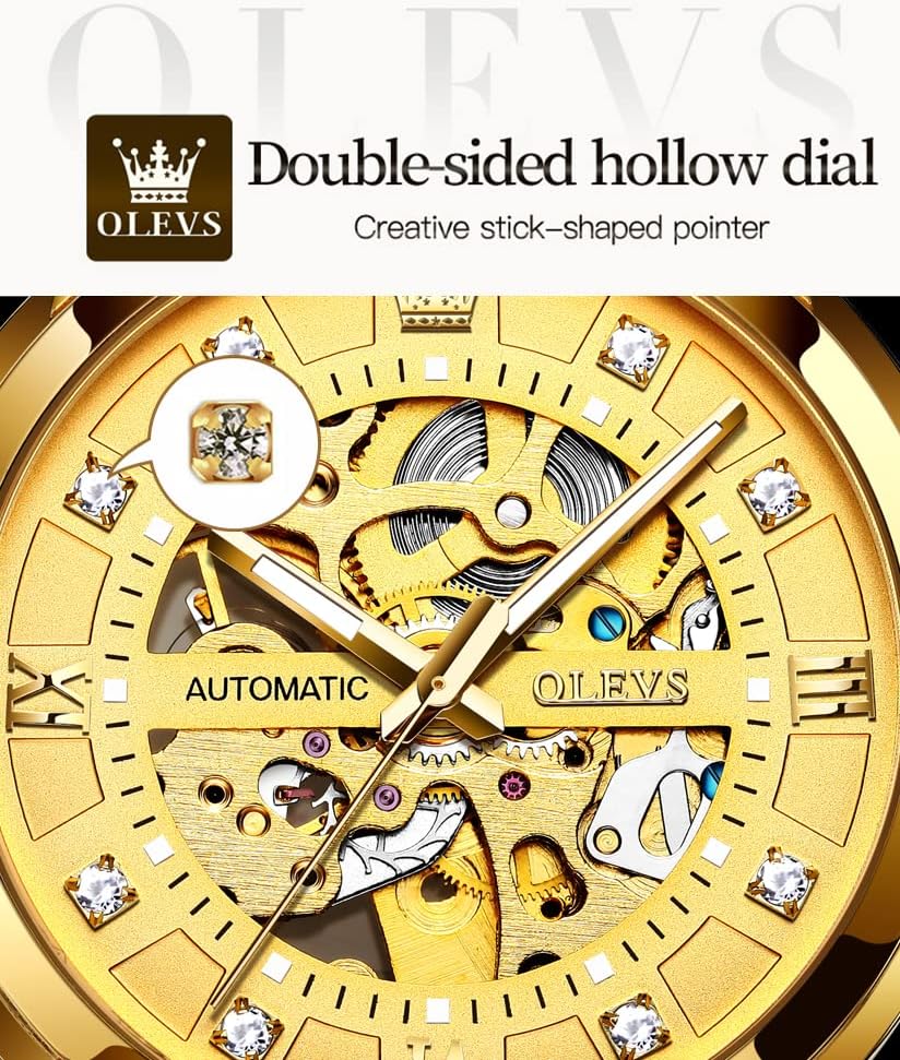 Reloj mecánico automático para hombre OLEVS Gold Skeleton, autoviento, de lujo para vestir, brillante con diamantes, acero inoxidable, resistente al agua, luminoso, de pulsera
