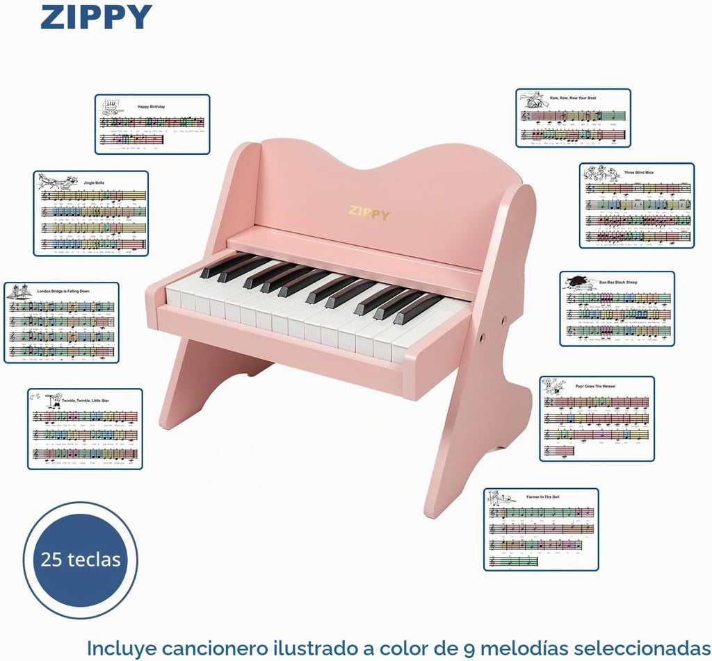 Teclado de Piano para Niños ZIPPY, Piano Digital de 25 Teclas para Niños, Volumen Ajustable, Mini Instrumento Educativo Musical de Juguete, Juguete de Madera para Niñas y Niños Pequeños (Rosa)
