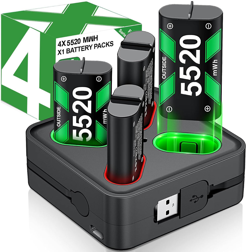 DINOSTRIKE Paquete de baterías recargables y estación de carga para Xbox Series X|S, controladores Xbox One - Incluye 4 paquetes de baterías para Xbox con carga USB-A y USB-C