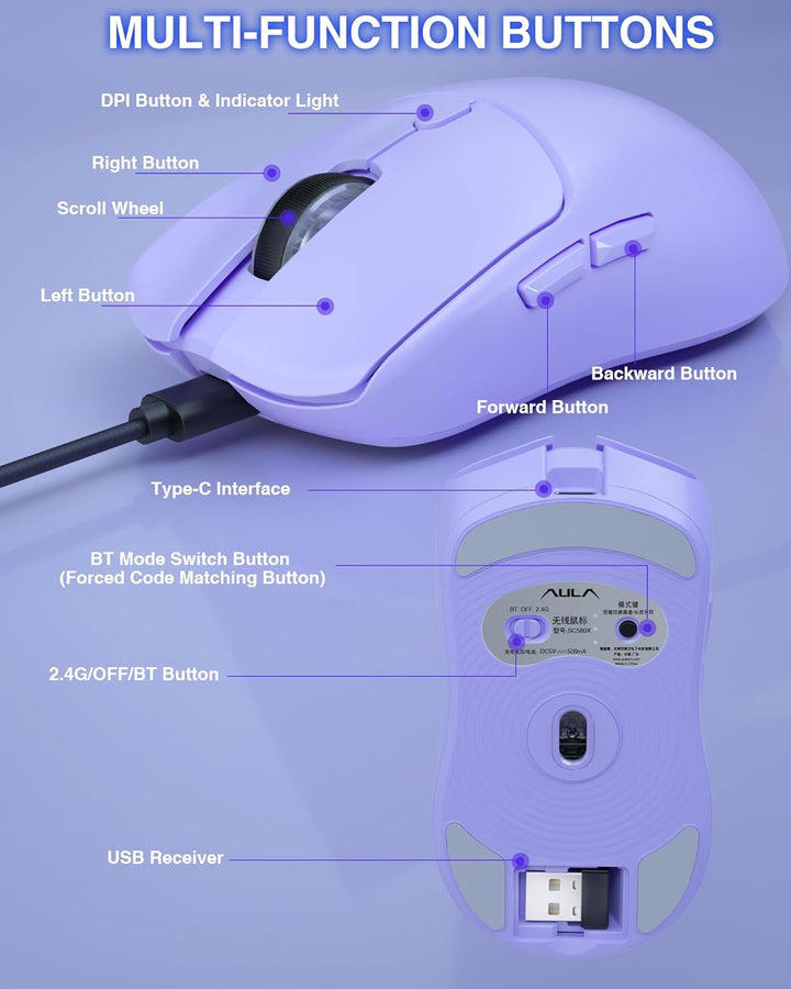 AULA SC580X - Ratón inalámbrico para juegos, triple modo 2.4G\/BT5....