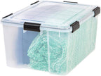 IRIS USA WeatherPro - Paquete de 8 contenedores apilables de almacenamiento de 62.8 cuartos de galón, caja de plástico con tapas de cierre herméticas y sello, transparente/negro