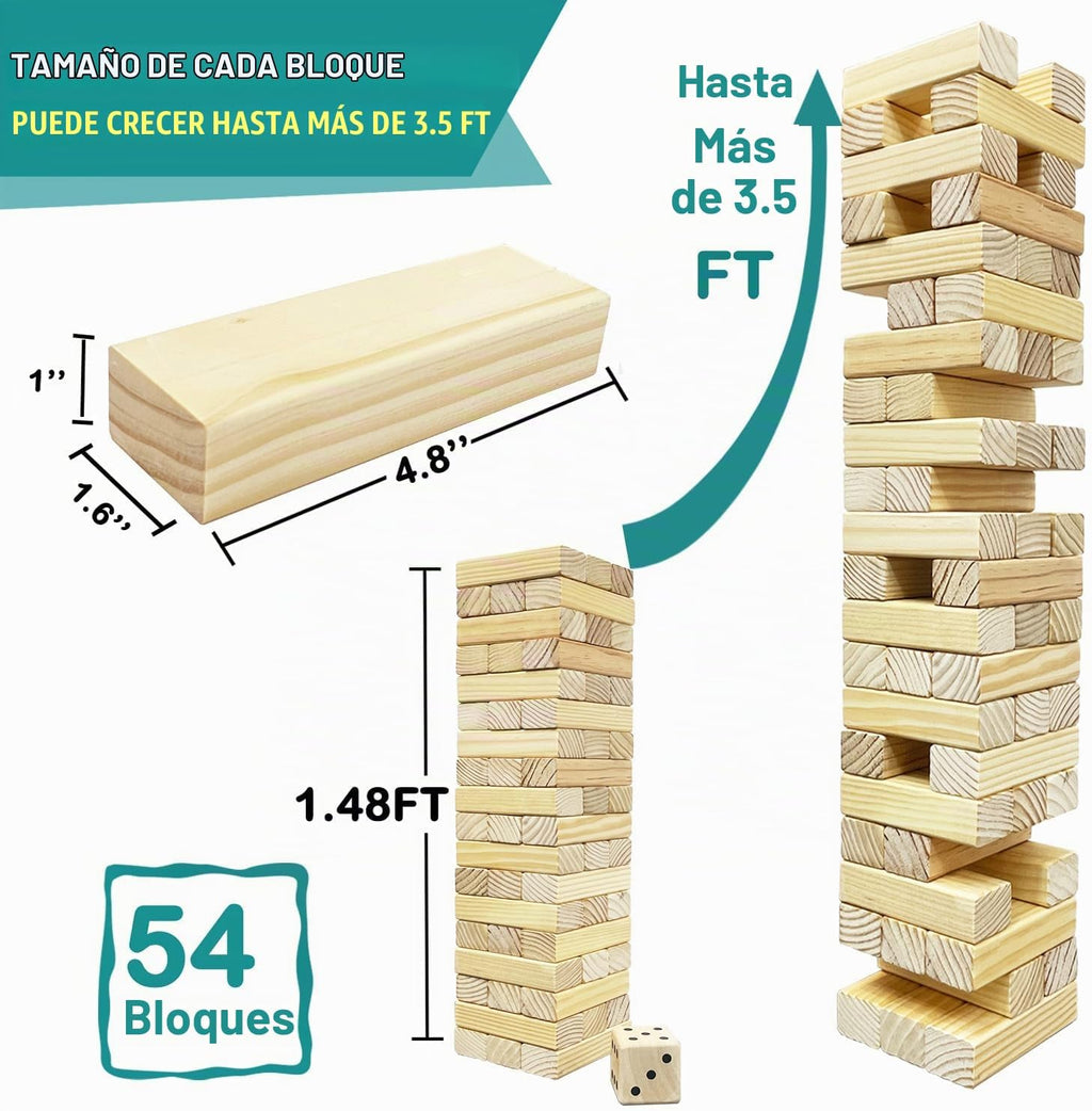 Juego de torre de madera para patio al aire libre para la familia, juego de apilamiento de bloques (grande-1.48 pies)