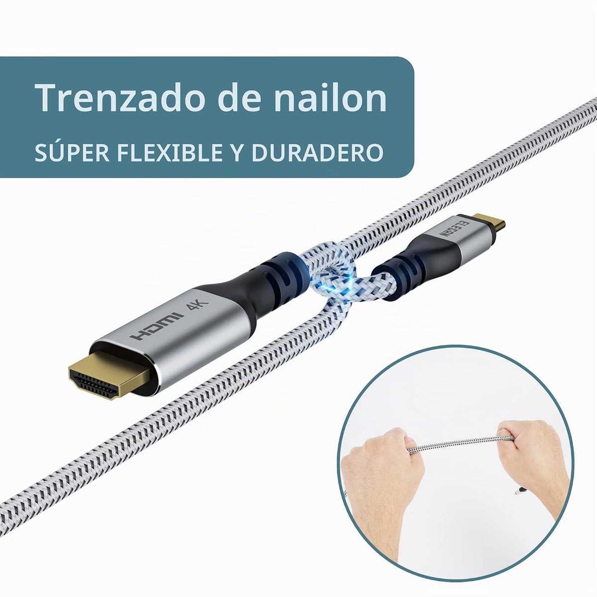 Cable USB C a HDMI de 30 pies, 4K a 60 Hz HDR, chapado en oro trenzado USB 3.1 tipo C a HDMI 2.0 cable Thunderbolt 3/4 compatible con Galaxy MacBook Pro/Air iPad Pro Surface Dell HP con 5 lazos