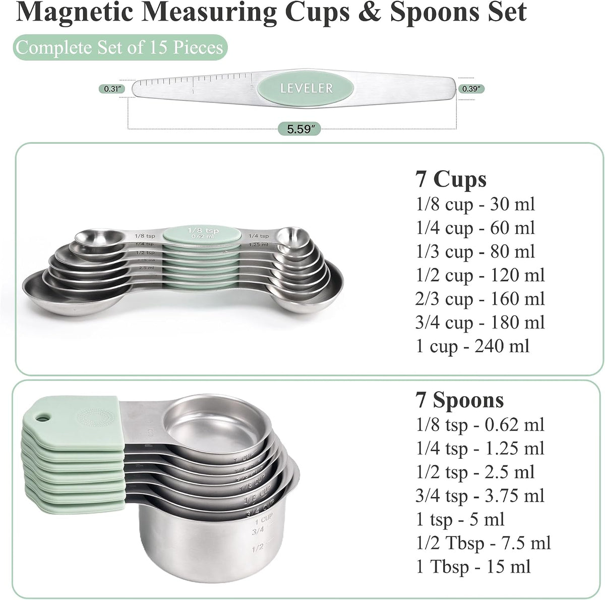 Juego de Tazas y Cucharas Medidoras Magnéticas, 15 Piezas de Acero Inoxidable