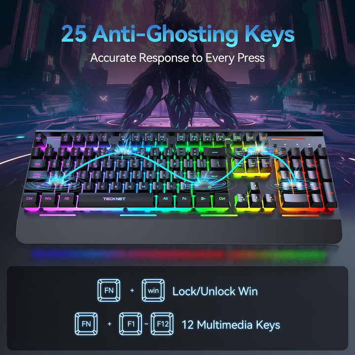 TECKNET Teclado inalámbrico para juegos, teclado recargable 2 en 1...
