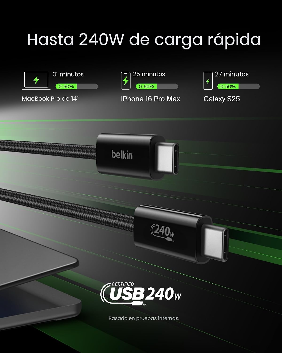 Belkin Paquete de 2 cables USB C a USB C, 6.6 pies, 240 W, cargador tipo C, cable de carga para iPhone, suave, trenzado, flexible para iPhone 17, Galaxy S25, Pixel 10, MacBook, Chromebook, iPad Pro