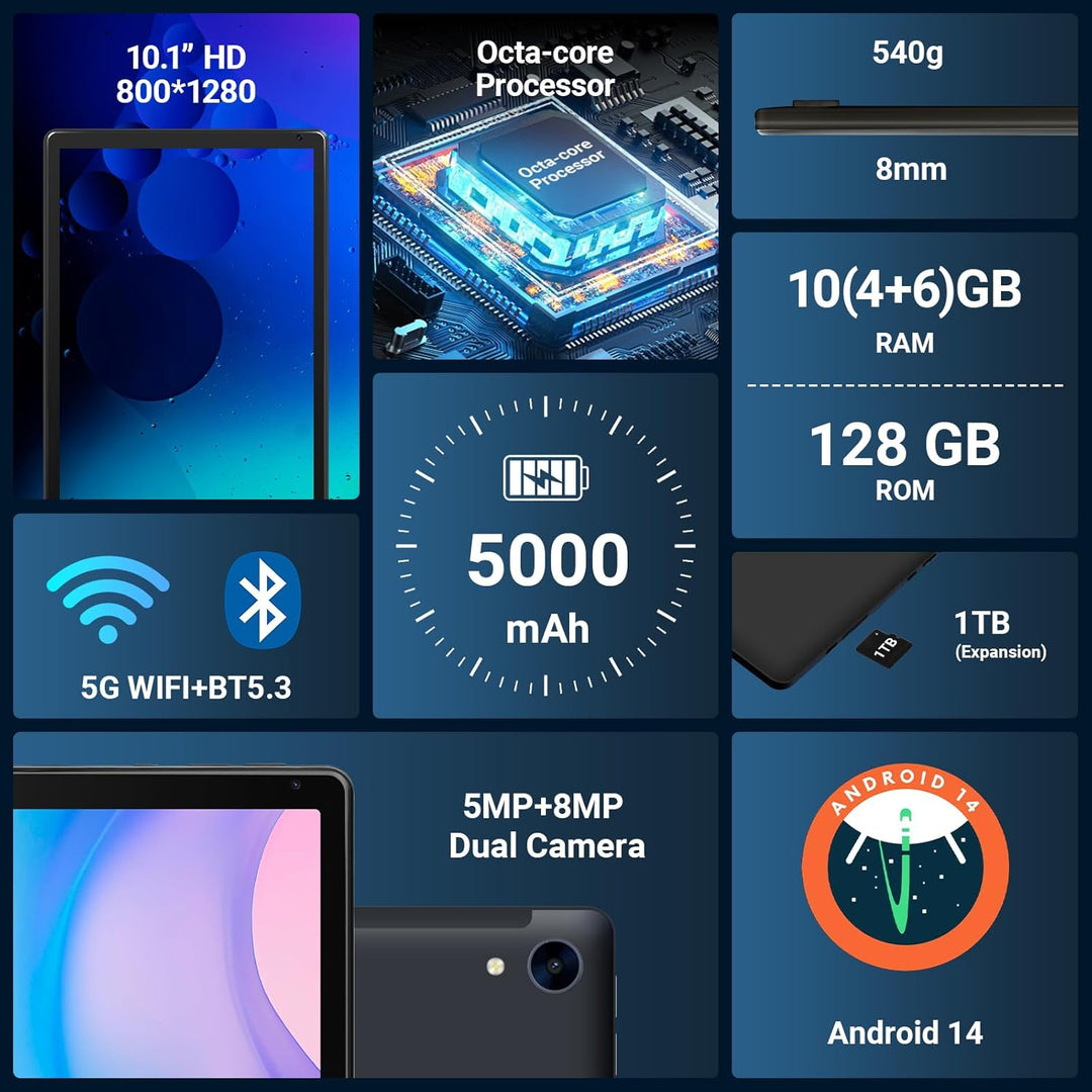 MUISOO Tablet Tablet Android de 10.1", procesador Octa-Core, 10...