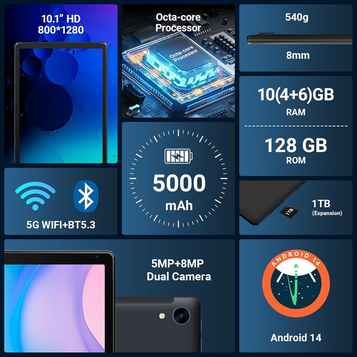 MUISOO Tablet Tablet Android de 10.1", procesador Octa-Core, 10...