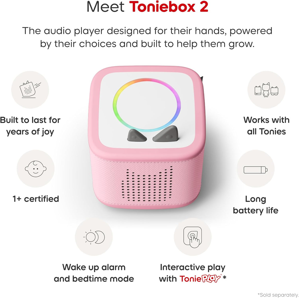 Toniebox 2 Audio Player Bundle para Kids 3+ con Lalalinos Akio, Cosmo, Scout Figurines y Tonieplay Game & Controller - Cloud Pink