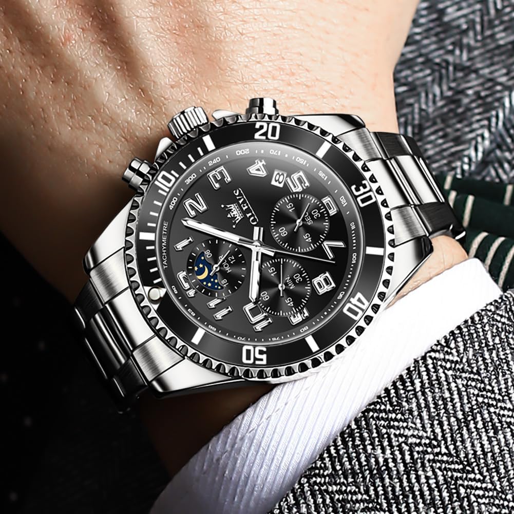 OLEVS Reloj de caballero lujo cronógrafo acero inoxidable pulsera vestimenta impermeable reloj analógico de cuarzo gran esfera luminosa