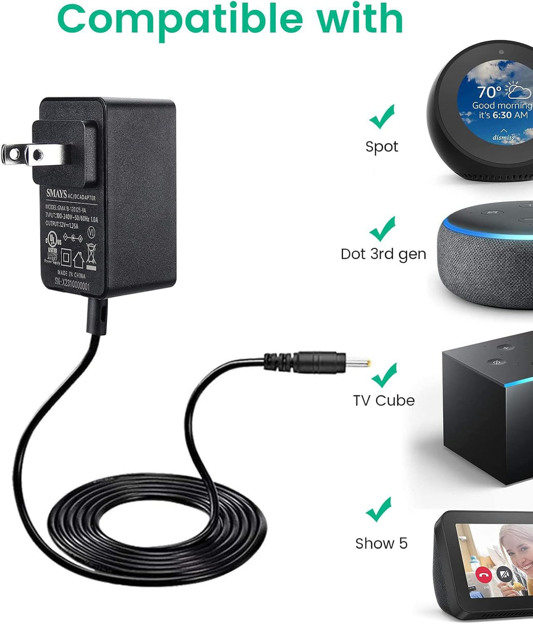 Adaptador de corriente de repuesto para Alexa Echo Show 5