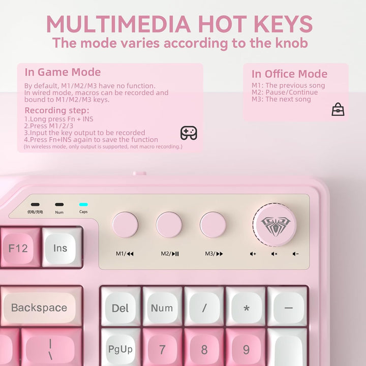 Aula F3099 - Teclado inalámbrico con perilla multimedia, triple mod...