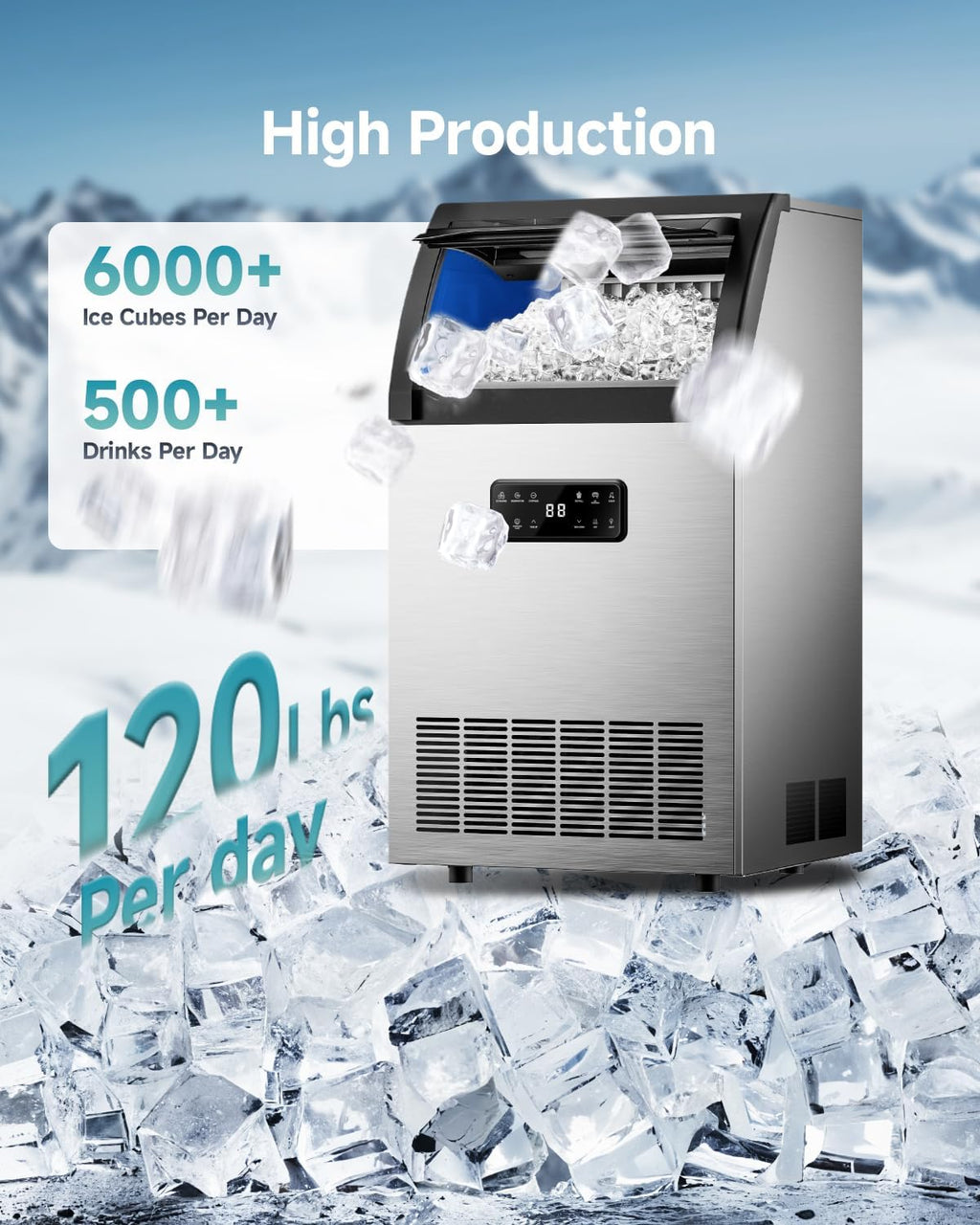 EUHOMY Máquina de hielo comercial, 120 libras/24 horas, máquina de hielo de acero inoxidable debajo del mostrador con filtro de agua, contenedor de almacenamiento de 33 libras, 45 cubos en 8-12