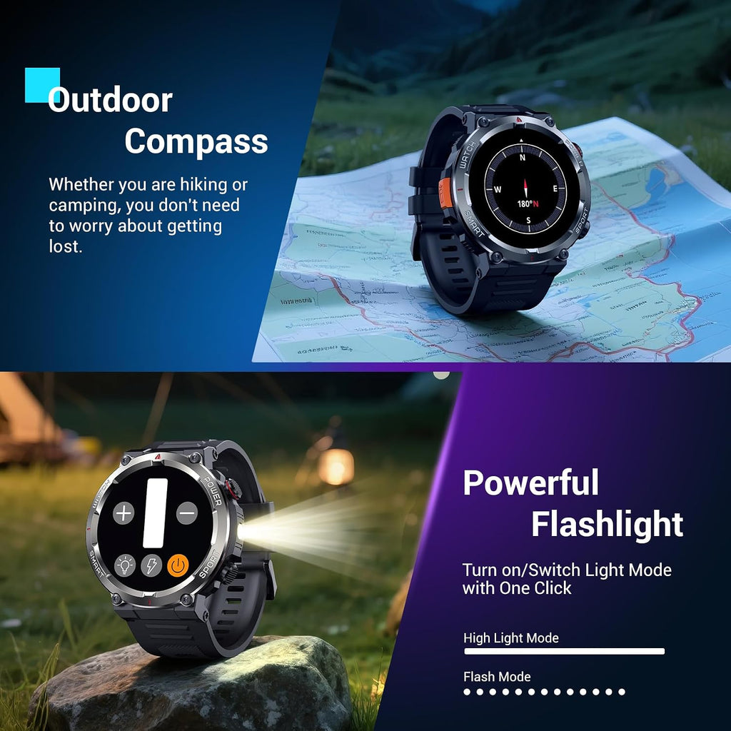 Reloj Inteligente Militar para Hombres (Responder/Realizar Llamadas), Reloj Inteligente Exterior con 100 Días de Batería/Linterna/Brújula/Frecuencia Cardíaca/SpO2/Sueño/2 Correas, Reloj Deportivo Robusto para iPhone/Android