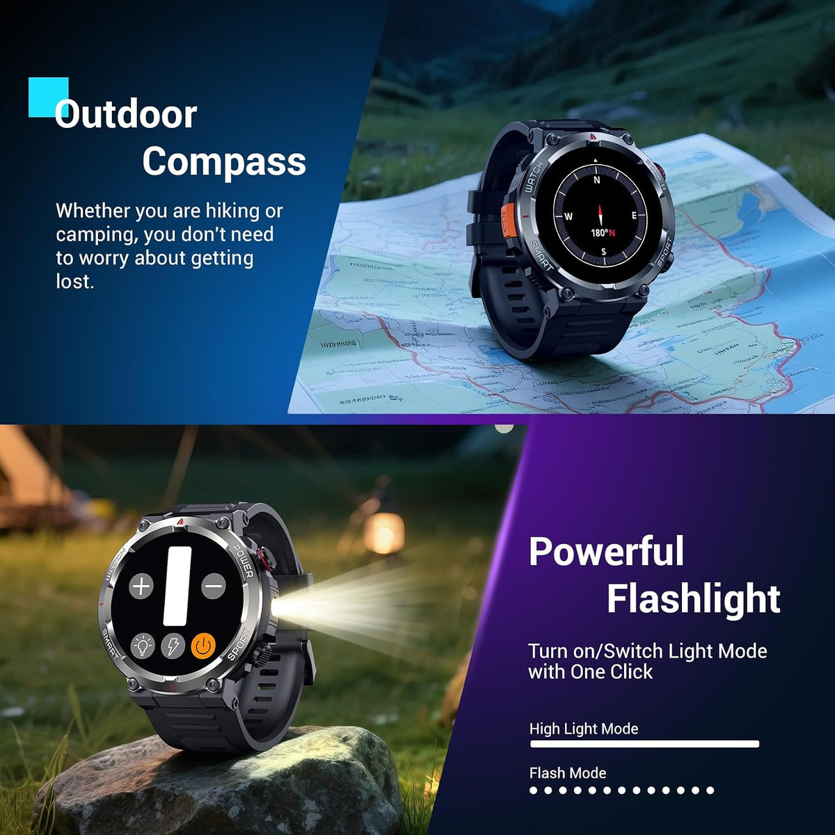 Reloj Inteligente Militar para Hombres (Responder/Realizar Llamadas), Reloj Inteligente Exterior con 100 Días de Batería/Linterna/Brújula/Frecuencia Cardíaca/SpO2/Sueño/2 Correas, Reloj Deportivo Robusto para iPhone/Android