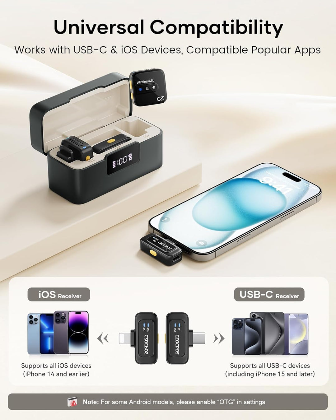 Micrófono Lavalier inalámbrico para iPhone, iPad y Android con fund...