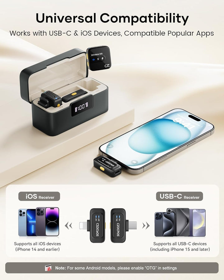 Micrófono Lavalier inalámbrico para iPhone, iPad y Android con fund...