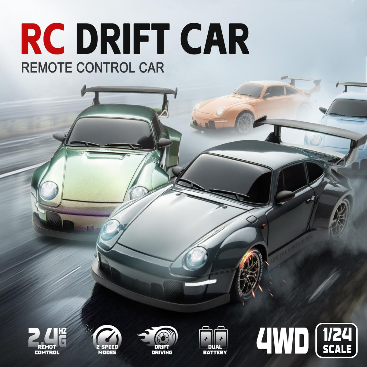 RC Drift Car 1/24 Widebody Gris Control remoto Drift Car para