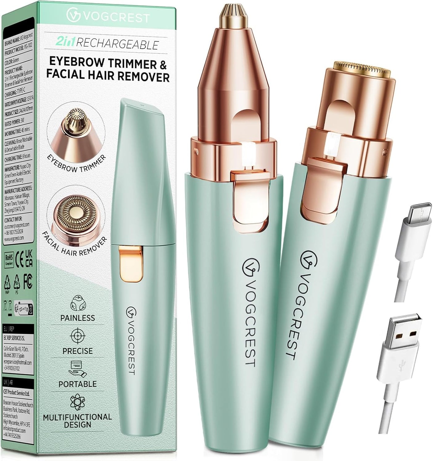 VG VOGCREST Afeitadora Eléctrica para Cejas y Rostro: 2 en 1 Recarg...