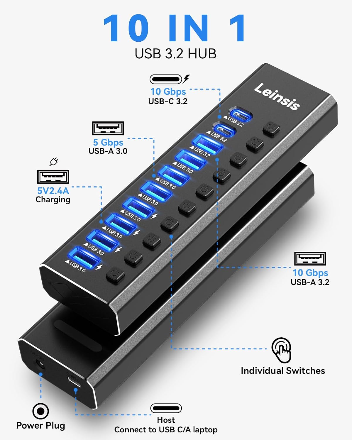 Leinsis, KZW-U10217B, hub USB 3.2 de 10 puertos, alimentado