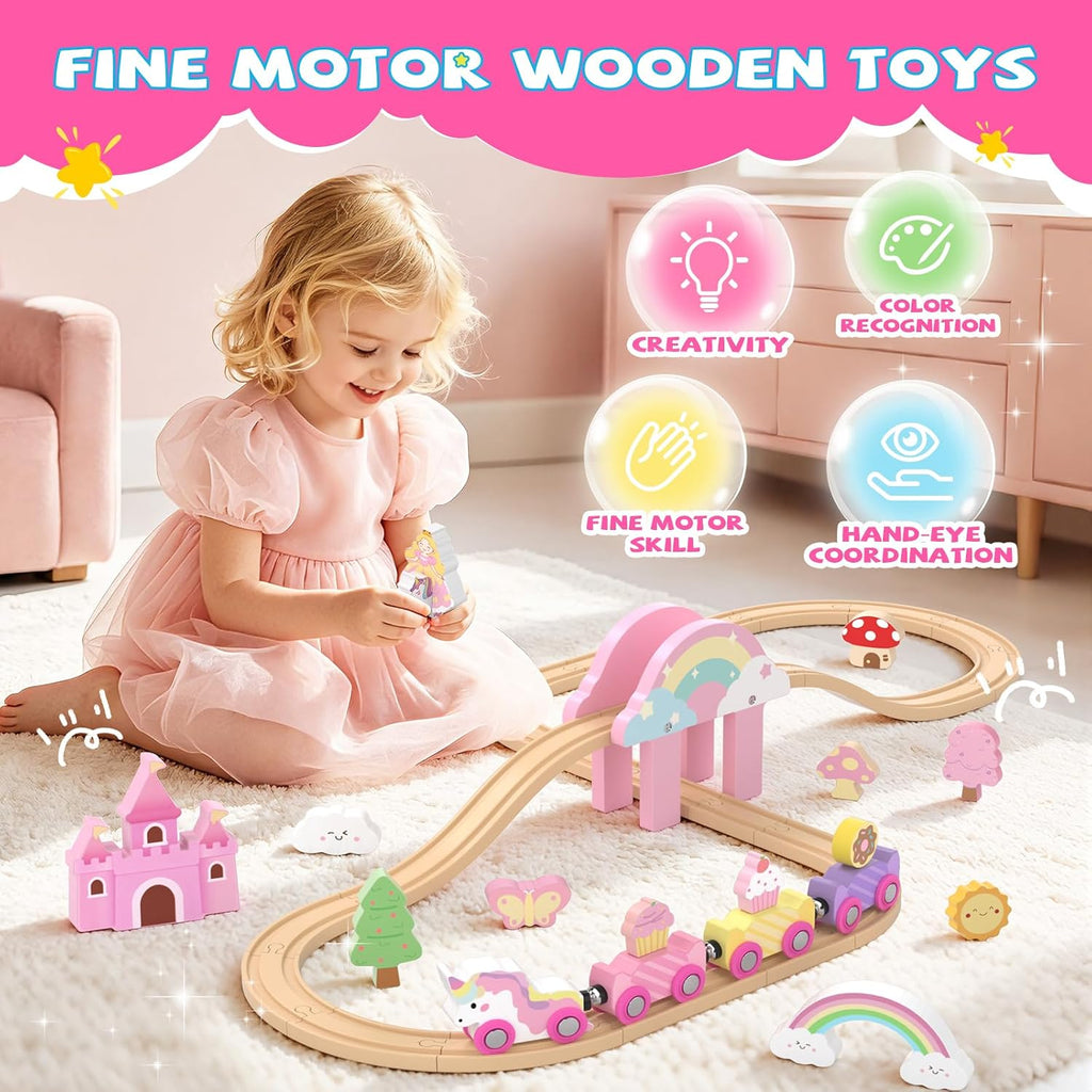 Juego de tren de madera para niños pequeños, regalos de cumpleaños de