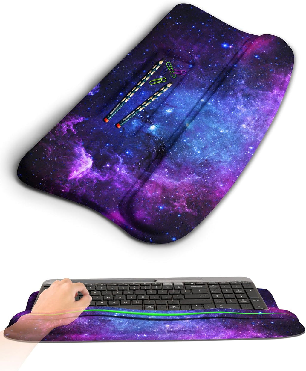 Reposamuñecas ergonómico con soporte para teclado, reposamanos acolchado, cómoda espuma viscoelástica integrada para escribir de forma natural y aliviar el dolor de muñeca, galaxia profunda