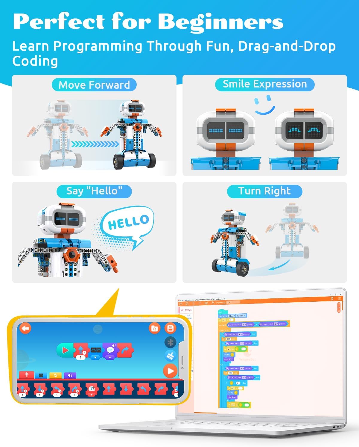 WhalesBot E7 Pro - Kit de robot de codificación y control remoto para niños de 8 años en adelante, programación Scratch y modular, set de juguete educativo de ingeniería científica con controlador
