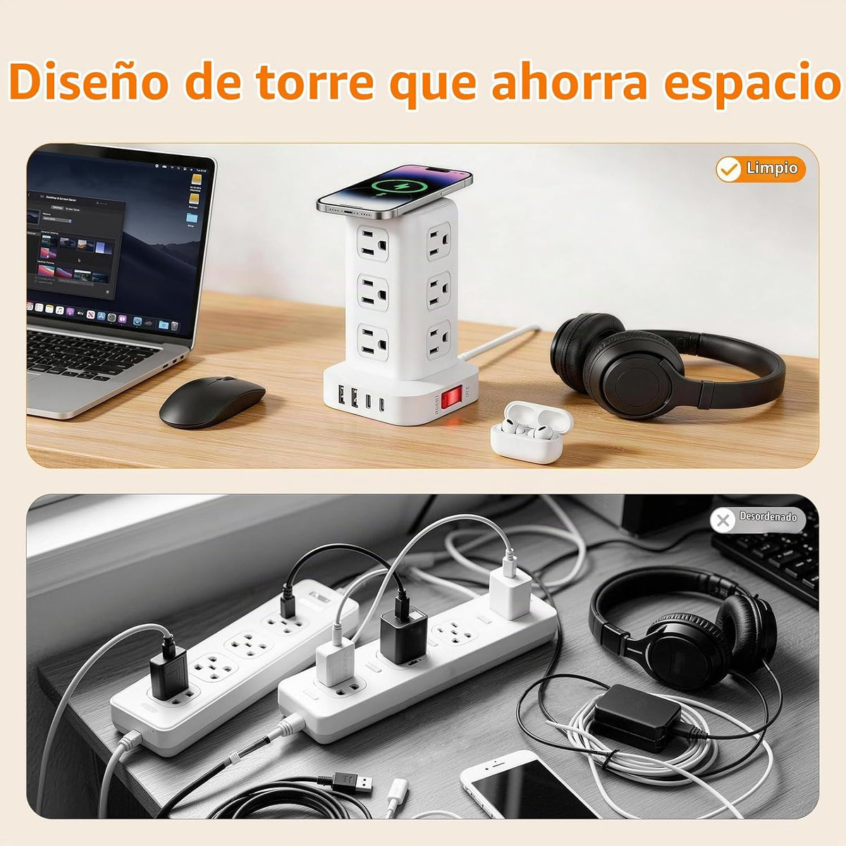 SMALLRT - Cable de extensión con múltiples tomas, torre de regleta de alimentación con protector de sobretensiones, extensor de salida de 10 pies con 12 salidas de CA, 4 USB, regleta de alimentación