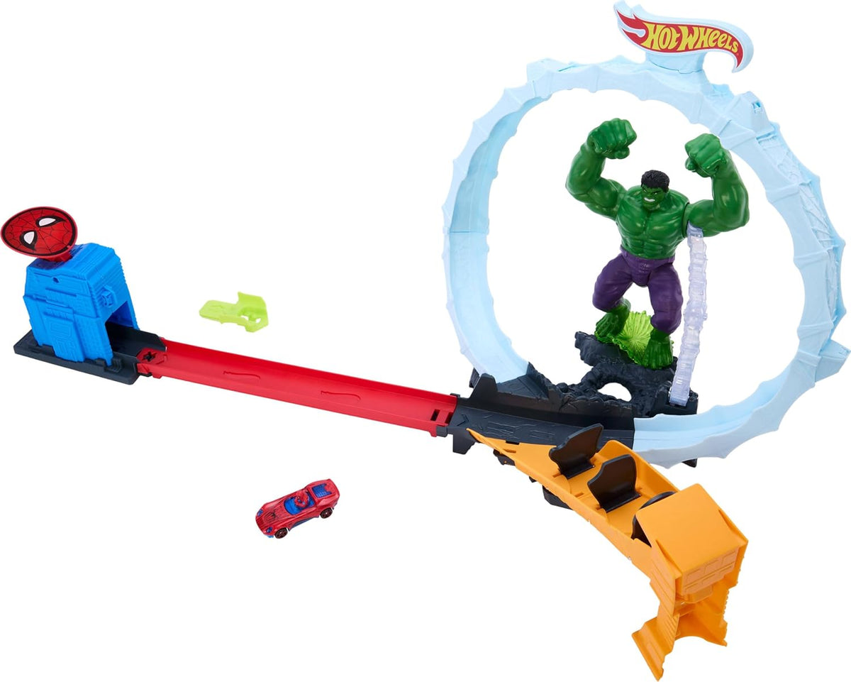 Hot Wheels Juego de pistas de autos de juguete, Spider-Man y Hulk Smash Down con 1 vehículo de superestrella fundido a presión, carrera a través de un bucle para derrotar a los villanos