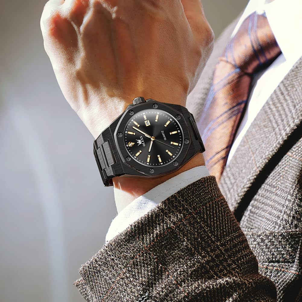 OLEVS Relojes para hombres de lujo octagonales en acero inoxidable de pulsera: reloj analógico de cuarzo de cara grande luminosa