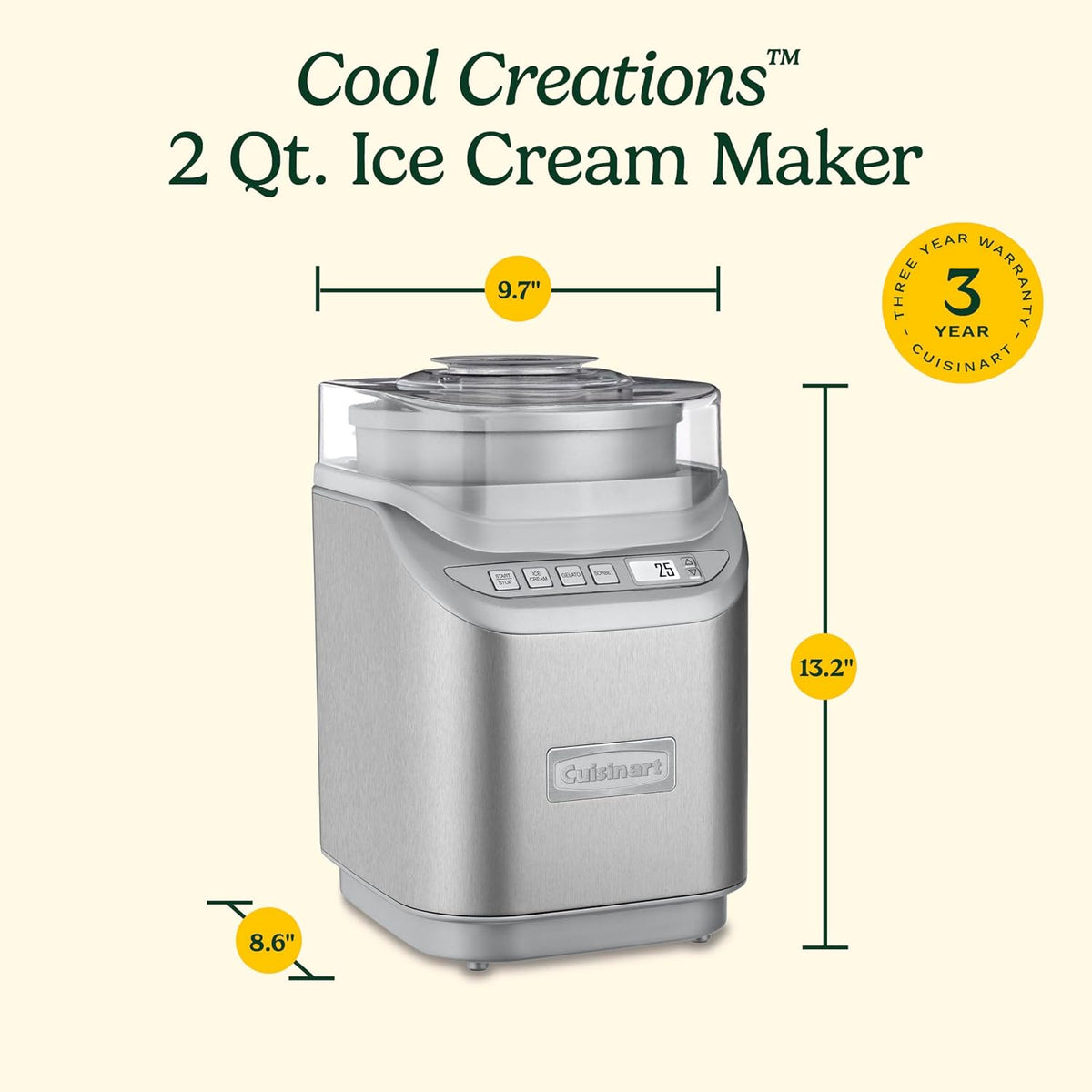 Máquina para hacer helado Cuisinart ICE-70, cromo cepillado, Máquina para hacer helados con contador regresivo
