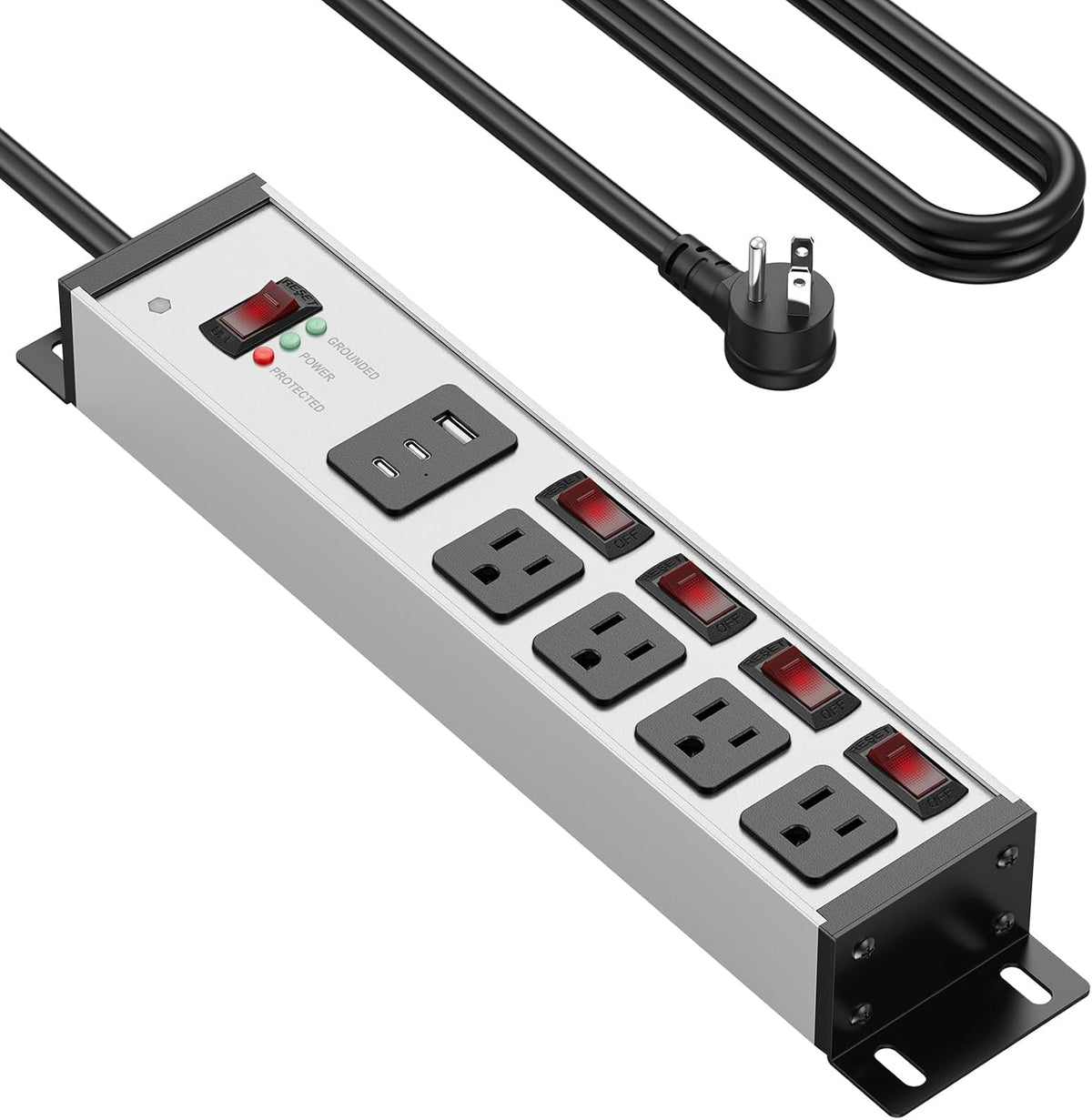 CCCEI Protector de sobretensiones resistente, calibre 12, puertos USB. Gris