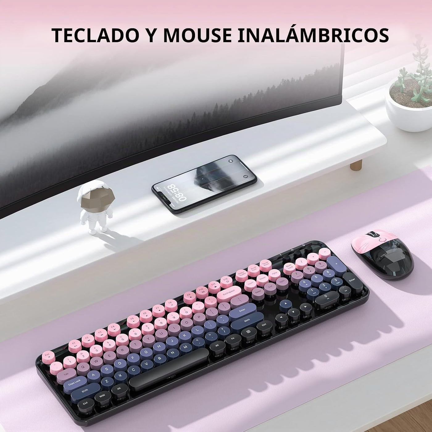 Teclado y mouse inalámbricos, MOFII con teclas redondas retro de 10...