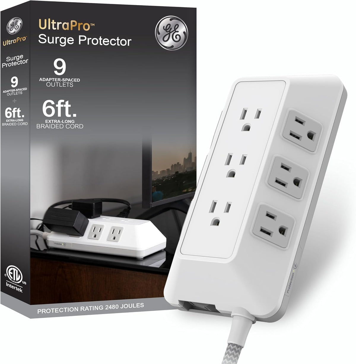 Regleta con protector contra sobretensiones GE, cable de extensión trenzado de 6 pies