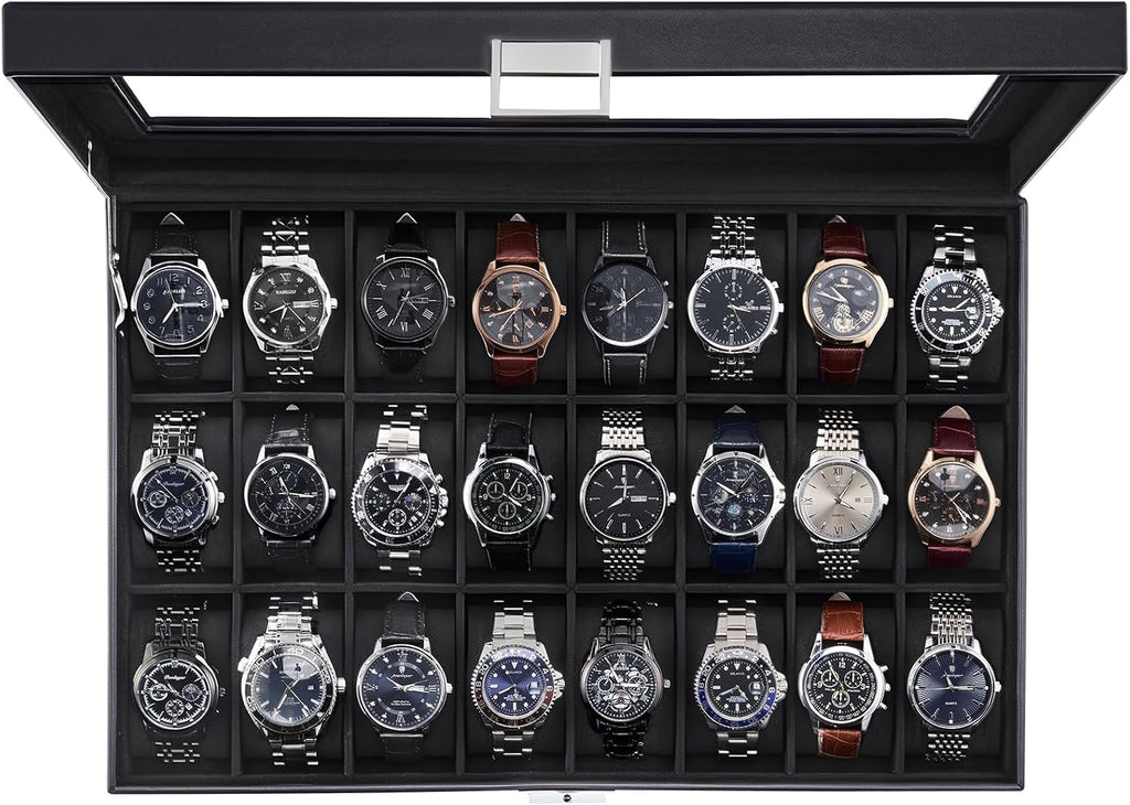 ProCase Caja de reloj para hombre, vitrina de 24 ranuras con tapa de vidrio