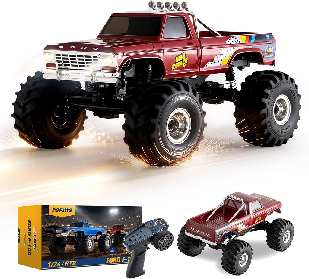 BEEZRC FMS 1/24 FCX24 Ford F-100 - Oruga RC con licencia oficial, liberación rápida magnética, transmisión de dos velocidades, control remoto, Rock Crawler rc camión, todoterreno para adultos, RTR