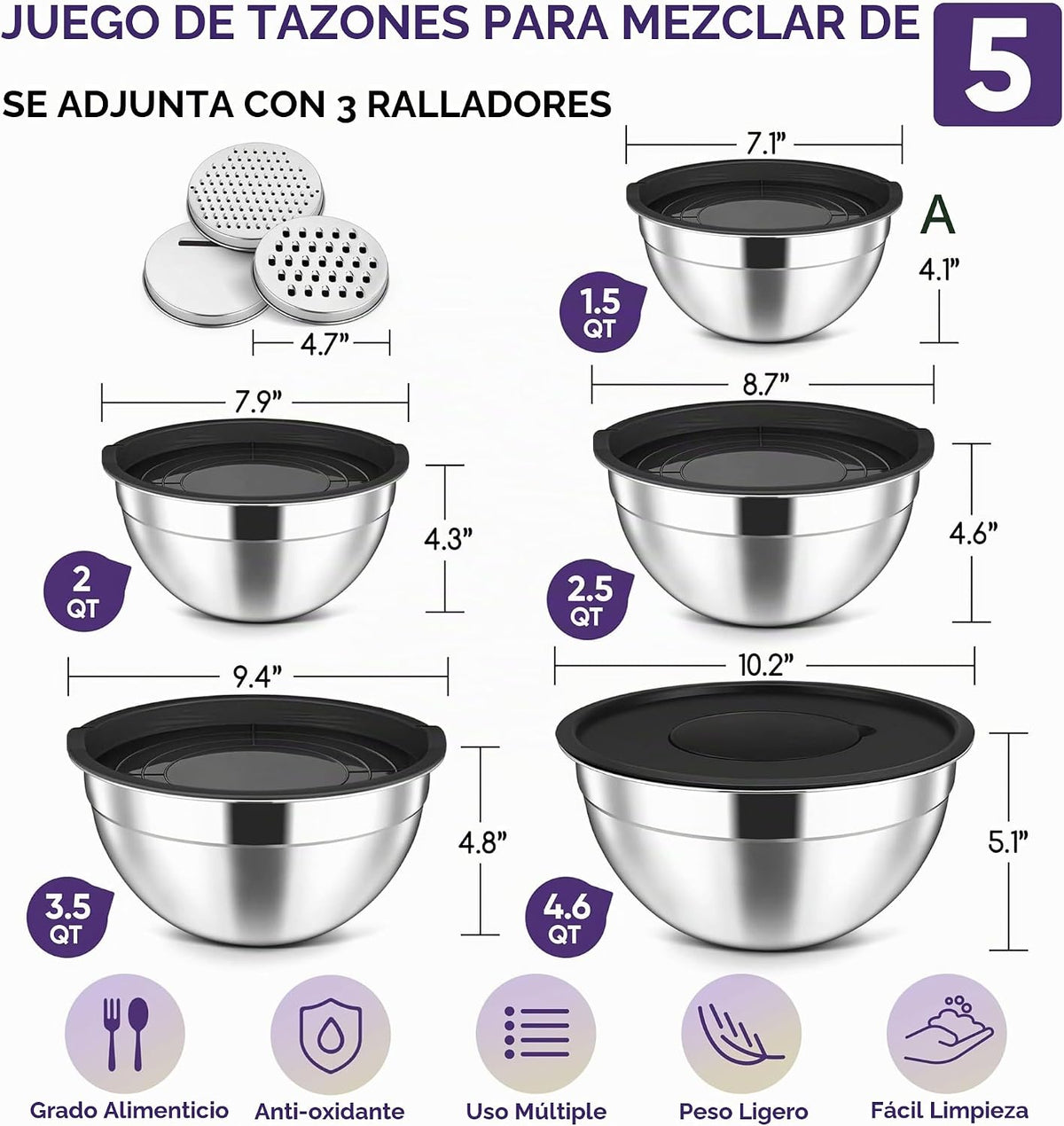 Herogo Tazones para mezclar de 5 piezas con tapas herméticas, 3 accesorios de rallador, cuencos de acero inoxidable para servir ensalada para cocina, tamaño 4.6, 3.5, 2.5, 2, 1.5 cuartos de galón, ideales para preparar y cocinar, color negro