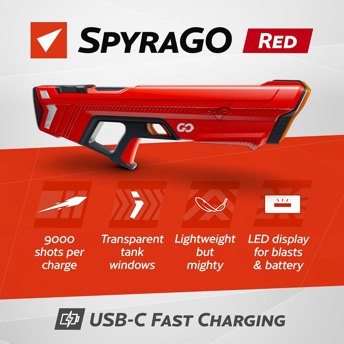 SPYRA Pistola de Agua Eléctrica, Lanzador de Agua Exterior con Pantalla LED, Rojo