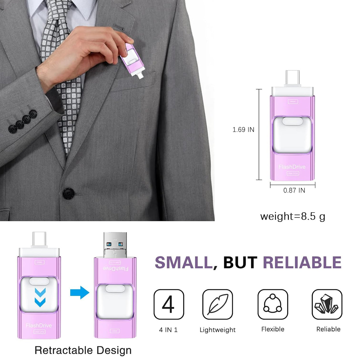 Unidad Flash para iPhone 256GB, Stick de Fotos 4 en 1 USB Tipo C, U...
