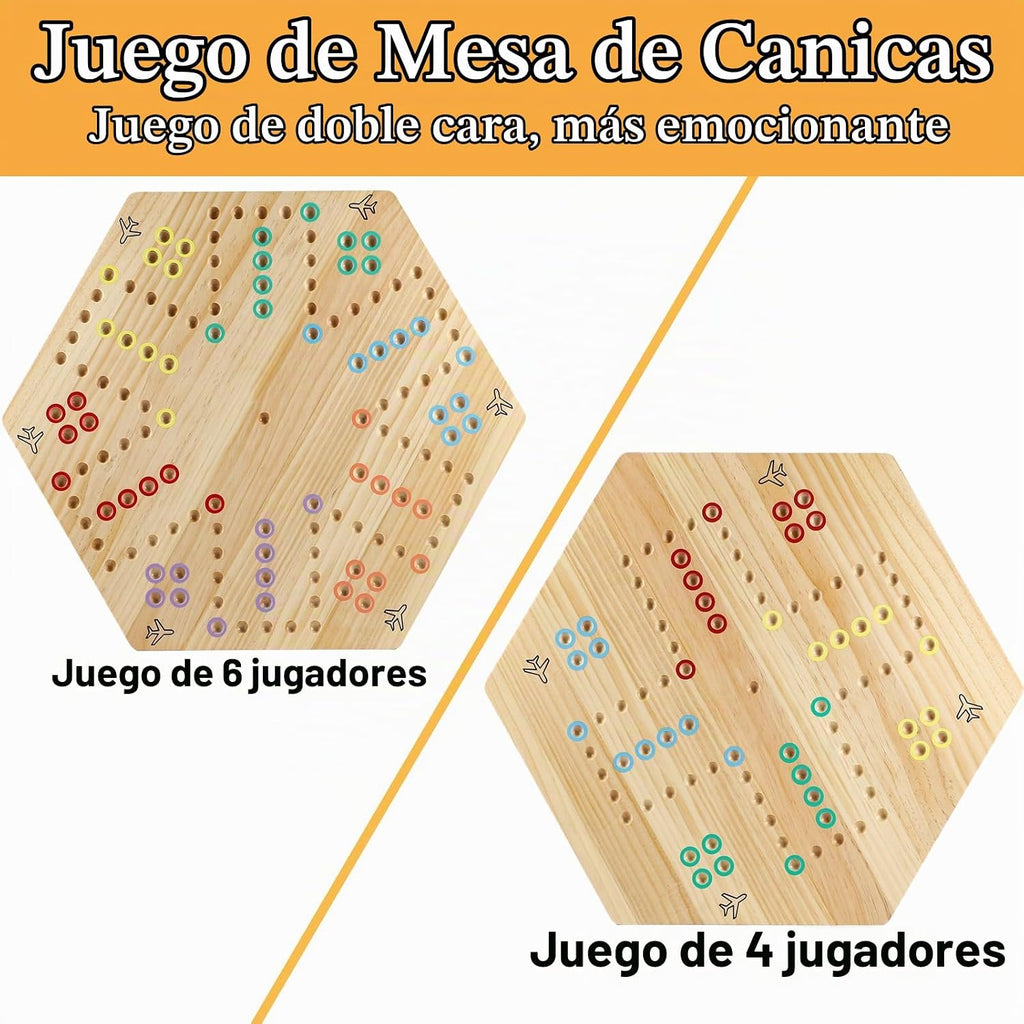 HOROW Wahoo - Juego de mesa original de madera de 23.6 pulgadas, clásico juego de pista rápida pintado de 2 lados para 4 jugadores y 6 jugadores con 30 canicas, 6 dados para noche de juegos familiares (extra grande)