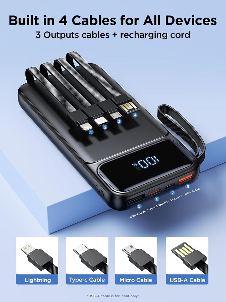 Banco de energía, cargador portátil con cable integrado de 22.5 W,...