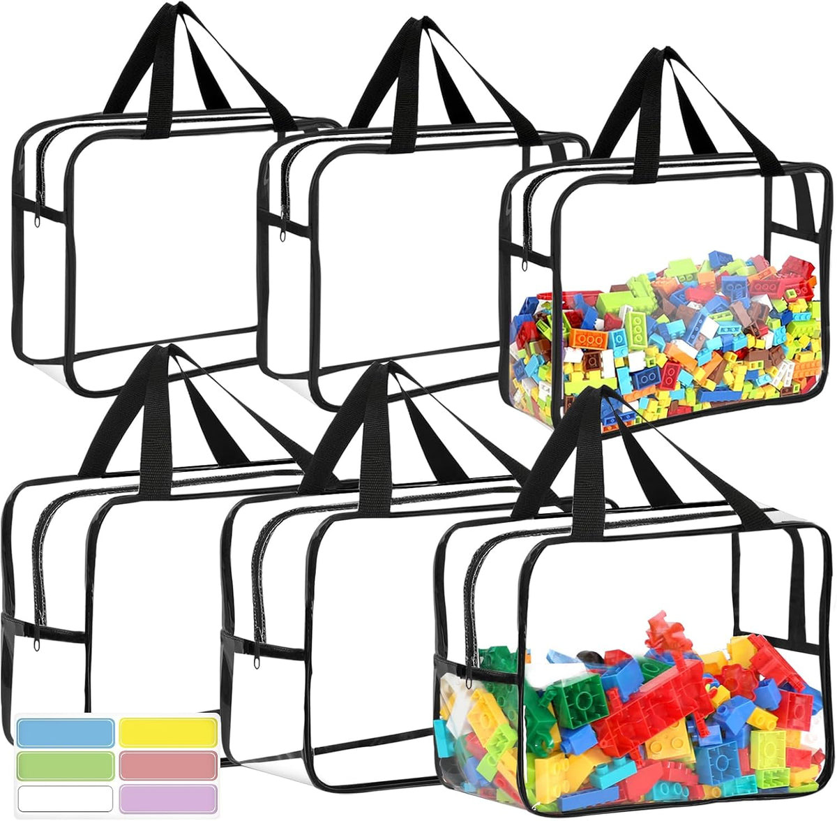 6 paquetes de bolsas grandes de almacenamiento para juguetes con etiquetas, reutilizables, de PVC transparente para juegos de mesa, bolsas organizadoras impermeables para viajes con cierre para