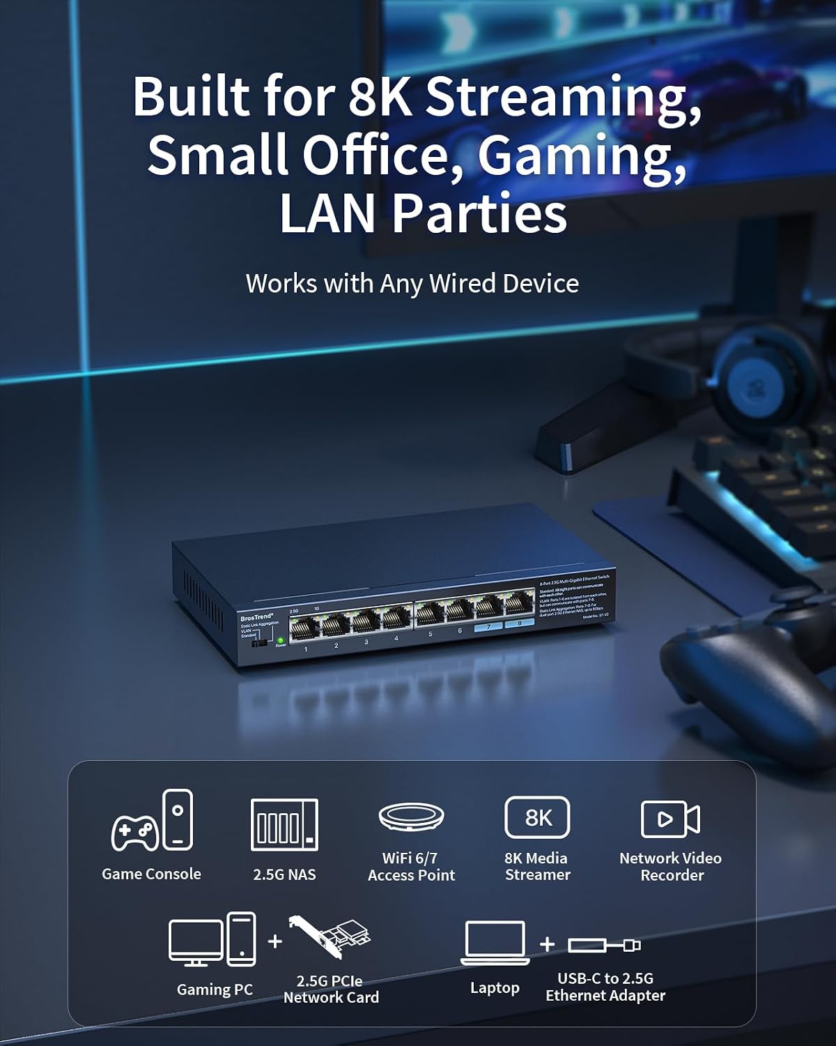 BrosTrend Interruptor 2.5Gb, Interruptor Ethernet de 8 Puertos No Administrado 2.5 Gigabit Soporta Agregación de Enlaces, Estáticos y VLAN, Sin Ventilador, Montaje de Escritorio/Pared, Divisor Multi
