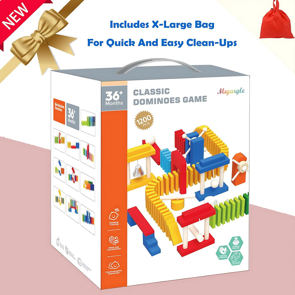 Migargle Juego de dominó de madera de 1200 piezas con 11 bloques de dominó adicionales y bolsa de almacenamiento, juego de carreras de dominó a granel para niños, juguete educativo con temática de dominó
