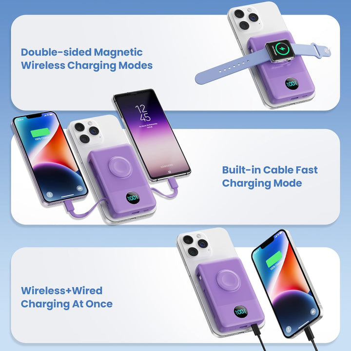 Cargador portátil magnético 6 en 1 para iPhone con cables integrado...