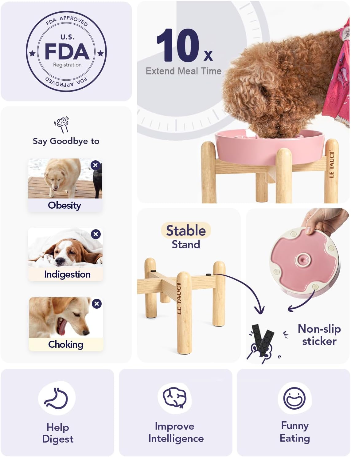 LE TAUCI Cuencos de cerámica para perros de alimentación lenta, elevados para razas pequeñas, anti-engullimiento, antideslizantes, 6 pulgadas, rosa